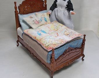 Dolls house miniature Bespaq Children's / Nursery Beatrix Potter Fabric Bed (blue)