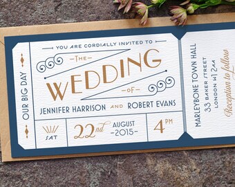 Formal Admission Ticket Wedding Invitation / 'Just the Ticket' Art Deco 1920s Wedding Invite / Navy Blue Gold / Custom Colours / ONE SAMPLE