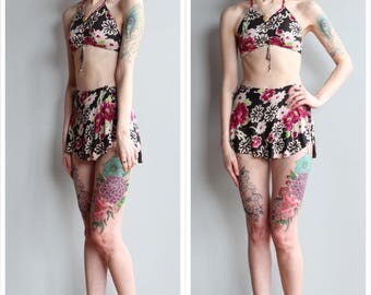 1930s Swimwear // Dark Floral Rayon Jersey 2pc Swimsuit // vintage 30s bathing suit