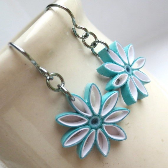 CIJ 30% off Aqua Ombre Nine Pointed Star Earrings Eco Friendly Earrings Paper Quilling bridesmaid gift Baha'i Jewelry Hypoallergenic
