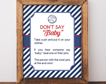 Don't Say Baby Game Sign, Baseball Baby Shower Game, Diaper Pin Game, Red White Blue, DIY Printable, INSTANT DOWNLOAD