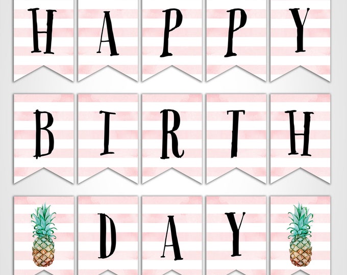 Pineapple Party Happy Birthday Banner, Pink and White and Pineapple Printable Banner, Instant Download Print Your Own
