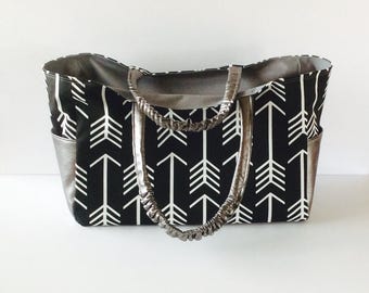 MADE TO ORDER Arrow Diaper Bag, School Bag, Work Bag, with Waterproof lining, faux leather accents, available in two colors