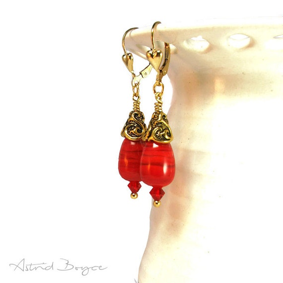 Garden of Love - Free USA Shipping - Drop Earrings Dangle Earrings Gold Earrings Red Earrings Crystal Earrings -Intense Scarlet Red Earrings