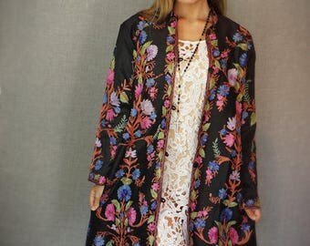 Vintage Silk & Cashmere Hand Embroidered Coat/Long Jacket - Multi-colour on Black - Size L to XL - Boho, Statement garment - NWOT, NOS.
