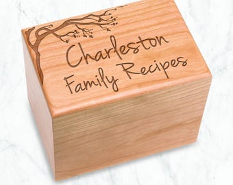 Cherry Blossom Recipe Box Engraved, Heirloom Quality Cherry Wood, Family Recipes Cherry Hardwood Box Holds 4x6 Cards & Dividers