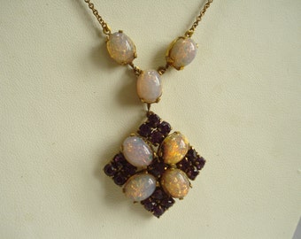 Vintage Necklace Amethyst Rhinestones and Faux Opals 1950's 1960s