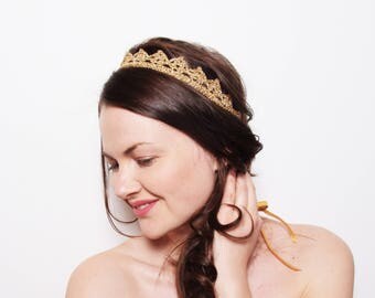 Wedding Crown Headpiece, Bohemian Wedding Tiara, Bachelorette Tiara, Gold Crown Headband, Cosplay Headpiece, Gold Bridal Lace Crown Headband