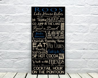 Personalized Family Lake House Rules Sign on Wood or Canvas with Custom Colors Wall Art Boat House Subway Art Heirloom, Lake House Rules