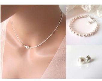 Single Pearl Choker, Floating Pearl Necklace SET, Sterling Silver, Maid of Honor Gift, Bridesmaid Jewlery Set, Maid of Honor Proposal