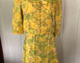 Vintage yellow floral Elinor Gay Original Dress/ 2 piece dress