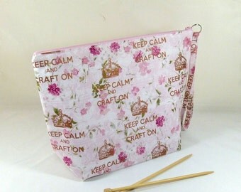 Knitting Project Bag - Large Zipper Wedge Bag in "Keep Calm and Craft On" Quilting Fabric and Pink Cotton Lining