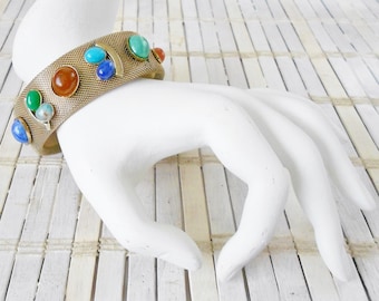 Retro Golden Mesh Bangle Bracelet, Faux Gemstones, Multicolor stones,1970's, Bohemian style, Gypsy, Cuff, One Size Fits All, Open bangle