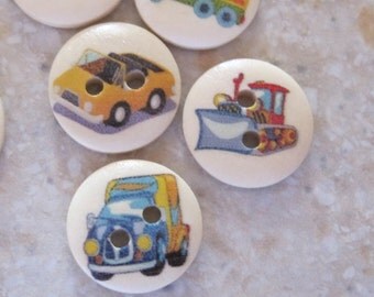 Cars Trucks Planes Transportation Wood Buttons Mixed Lot of 10