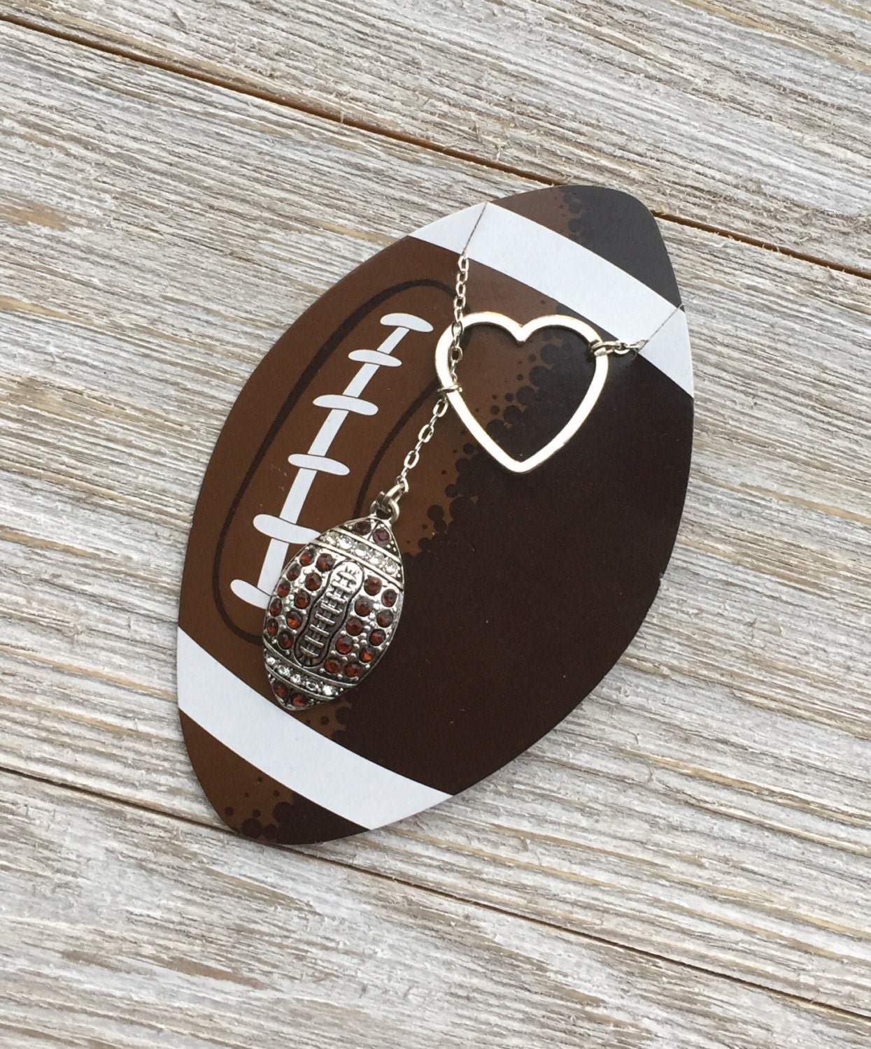 Football Necklace with Rhinestones and Heart Handmade