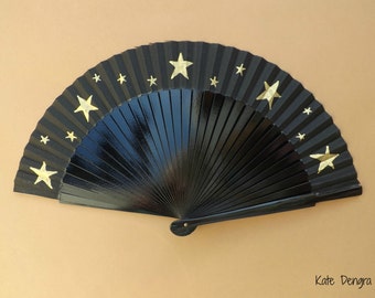 5 Pointed Star Folding Hand Fan SIZE OPTIONS Wood Fabric Hand Painted Black with Gold Stars by Kate Dengra Spain
