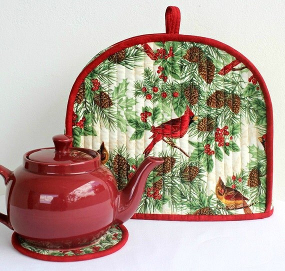 Quilted Christmas Tea Cozy Cardinals Tea Pot Mat Trivet