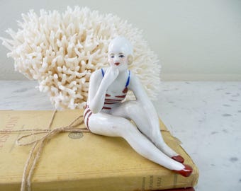 Vintage Coastal Figurine French Flapper Bathing Beauty Figurine Souvenir Beach House Coastal Decor Art Deco