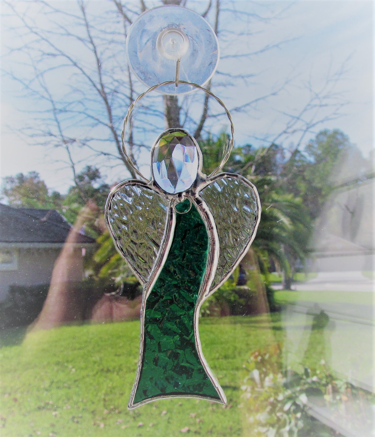 Forest Green English Muffle Stained Glass Angel