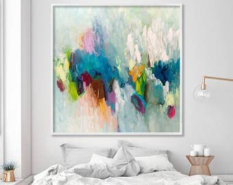 Large painting PRINT, giclee print of acrylic painting abstract art, aqua teal feminine wall art by Duealberi