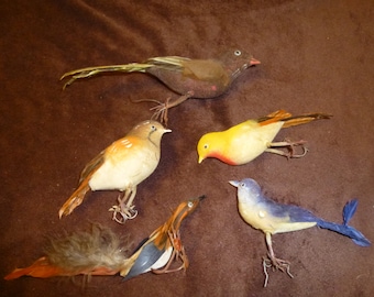 Flocked and Feathered Vintage Bird Ornaments Supply Lot of 5