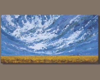 FREE SHIP abstract art, panoramic painting, prairies landscape, prairie painting, wheat field farmland, purple sky clouds, impressionist art