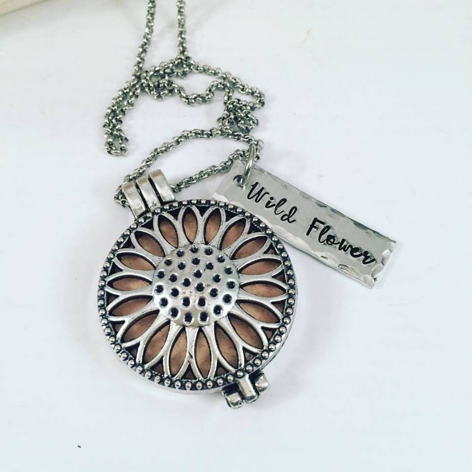 Diffuser Necklace - Wild Flower Personalized Necklace - Hand Stamped Aromatherapy Necklace - Aromatherapy Essential Oil Diffuser Locket
