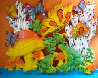 Vintage 1960s MOD Retro Groovy Homco Psychedelic Mushroom Butterfly Plastic Wall Art