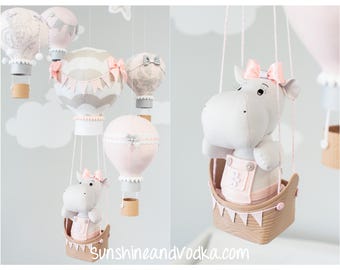Hot Air Balloon Baby Mobile, Hippo Baby Mobile, Travel Theme, Nursery Decor, Baby Girl Nursery Decoration, i242