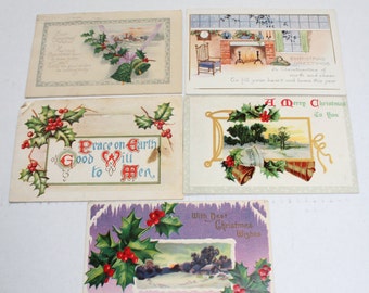 5 Antique Christmas Postcards 1900s