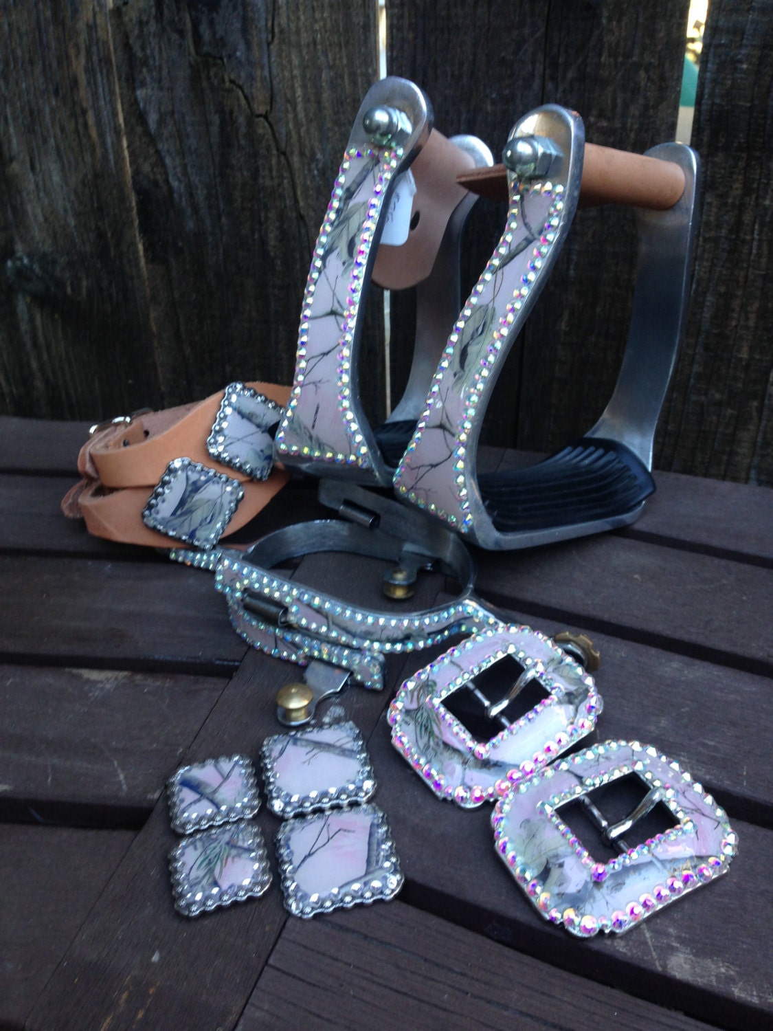 Custom Western Saddle Bridle Pink Camo Set Stirrups Conchos
