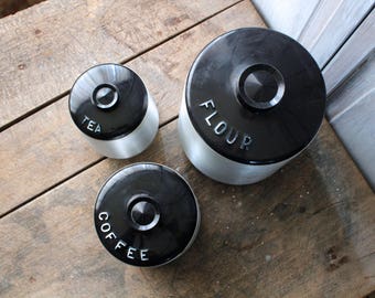 1950s Kitchen Canisters Kromex Spun Aluminum Canister Set of 3 Containers Aluminum Ware Black Plastic Lids