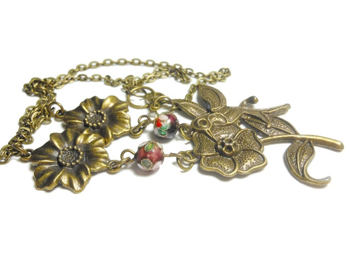 FREE SHIPPING Hummingbird necklace handmade, antiqued bronze flower hummingbird, red floral cloisonne beads and antiqued bronze flower links