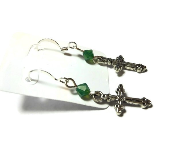 FREE SHIPPING Small cross earrings, silver tone crosses, silver plated french wires, choice 4 colors of Swarovski crystals, pierced earrings