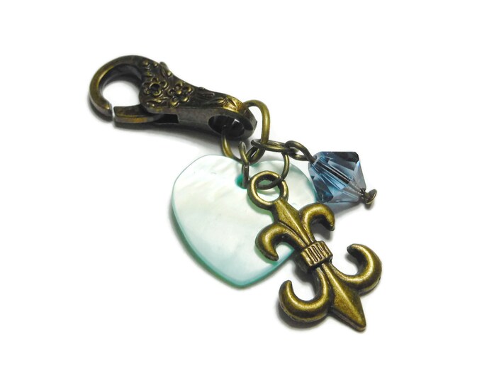 Fleur-de-lis keychain, zipper pull, purse charm, antiqued bronze with lobster clasp, Swarovski crystal and mother of pearl heart (MOP)