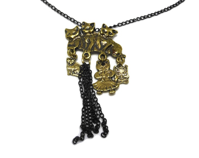 FREE SHIPPING Antiqued brass cats necklace, whimsical 3 kittens playing with 3 'toy' kittens, black chain, black dangles, extender leaf end