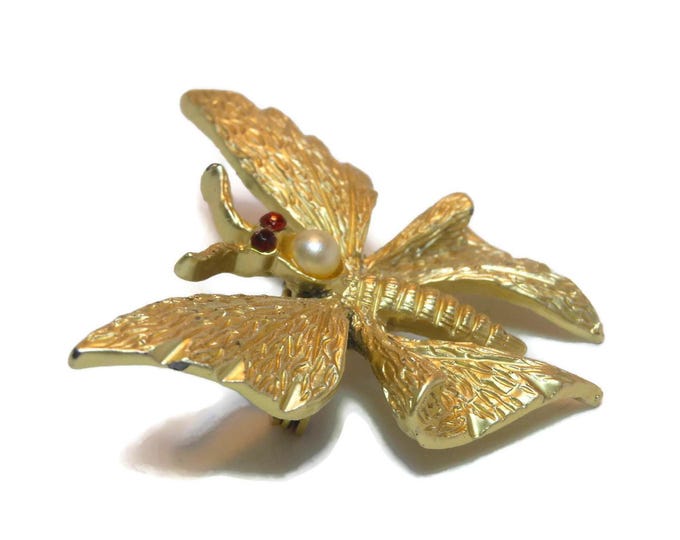 FREE SHIPPING Gold butterfly brooch, small brooch with red rhinestone eyes and a pearl head, finely textured pin