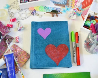 Handmade Teal Blue Fabric Art sketchbook Journal with Hearts