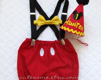 Cake Smash Outfit Boy 1, 2, 3 or 4 Piece Set Mickey Mouse First Birthday Outfit Diaper Cover Tie Party Hat Bow Tie Diaper Cover Bloomers