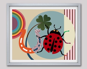 Good Luck Gift, Horse Shoe Art, Lady Bird Art, Good Luck Charm, Horse Shoe Decor, Good Luck Art Print, Colourful Art