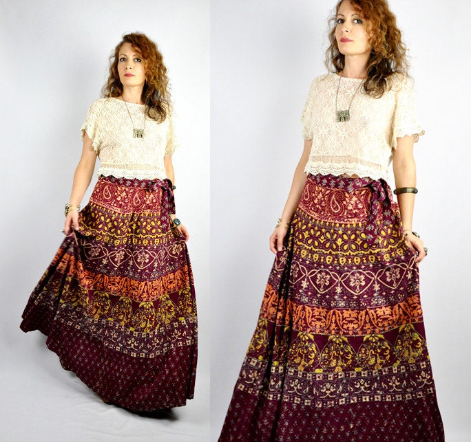 Vintage India Maxi WRAP Skirt Indian Skirt Ethnic Block