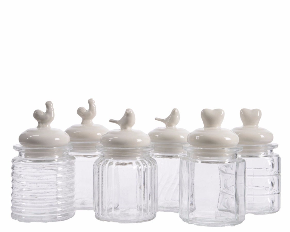 Glass storage jars Ceramic lid with a bird Bird by Homespunwonders
