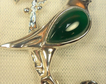 Sterling silver bird charm with green agate stone