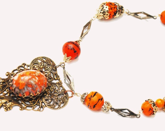 orange glass gold filigree Necklace -speckled orange black art glass - silver link - Mid century - glass bead