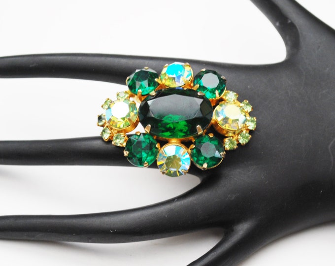 Green Rhinestone brooch - Gold plated Setting - Aurora Borealis - Rhinestone Pin