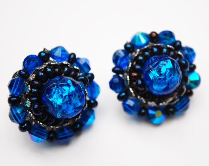 Hobe Bead Cluster earrings - Blue Art Glass - silver black - clip on earring