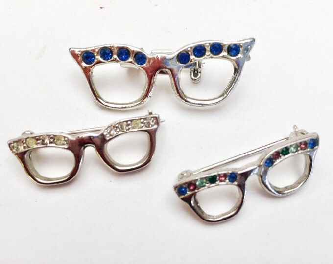 Eye Glass Scatter pins - lot of brooches - Silver frame - Rhinestones - Figurine eye glasses - Eyeglass pin