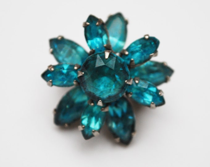 Aqua Blue Flower Brooch - Rhinestone Floral - Mid Century small pin jewelry