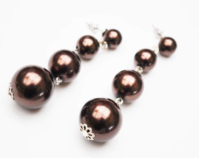 Metallic Brown Dangle earrings - faux Pearl Bead drop earring