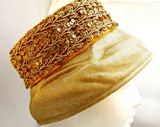 Gold Pillbox Hat - Golden Sequins. - gold stitching design